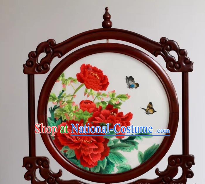 China Peony Flowers Rosewood Desk Screen Handmade Suzhou Embroidered Craft Embroidery Table Ornament