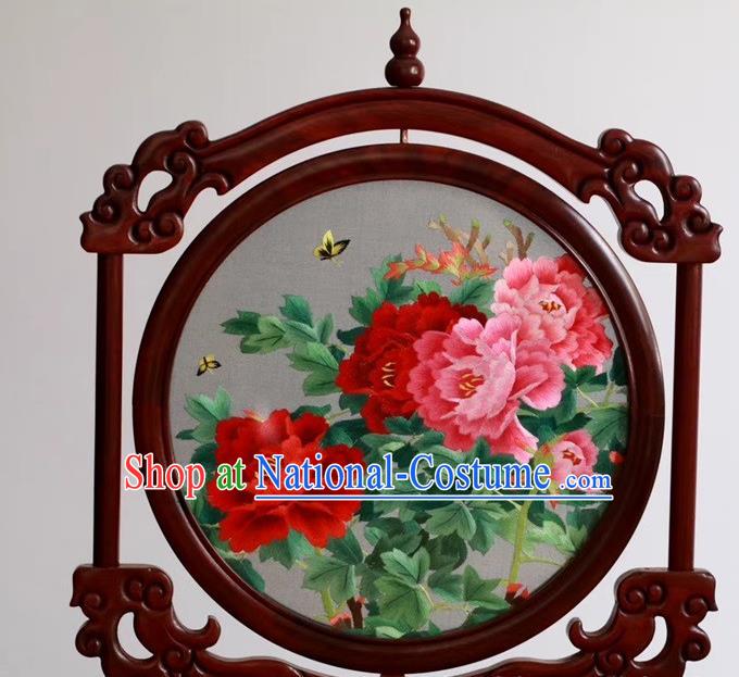 China Handmade Table Ornament Embroidery Peony Flowers Rosewood Desk Screen Suzhou Embroidered Craft