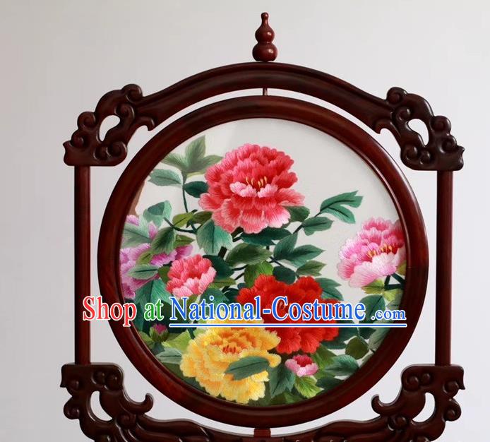 China Embroidery Craft Handmade Table Ornament Suzhou Embroidered Peony Rosewood Desk Screen