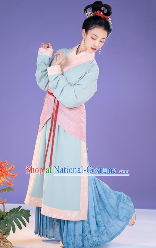 China Ancient Song Dynasty Apparels Country Woman Clothing Blue Hanfu Dress Complete Set