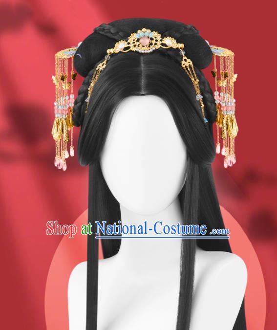 Chinese Ming Dynasty Imperial Empress Wigs Quality Wigs China Best Chignon Wig Ancient Queen Wig Sheath and Tassel Hairpins