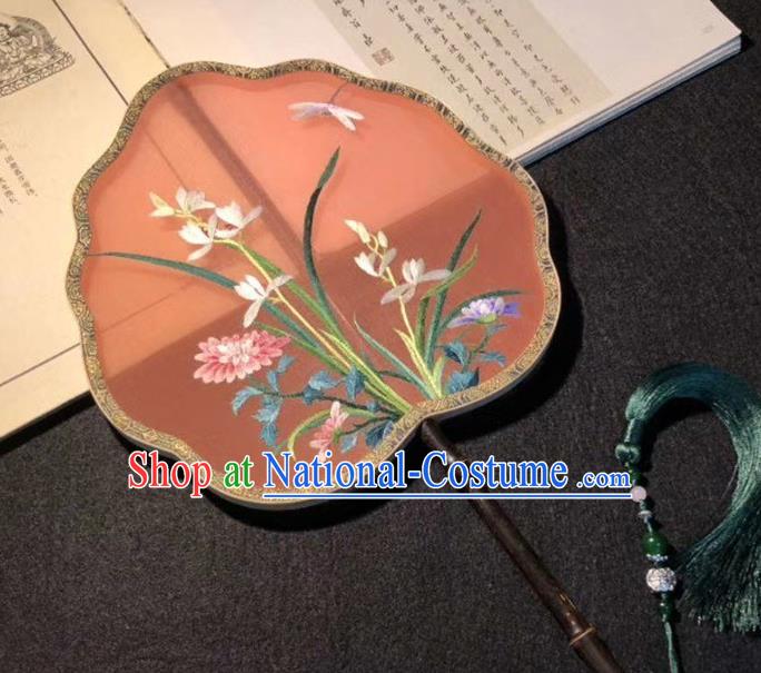 China Suzhou Embroidery Orchids Double Side Fan Palace Fan Classical Dance Silk Fans Ancient Black Bamboo Fan