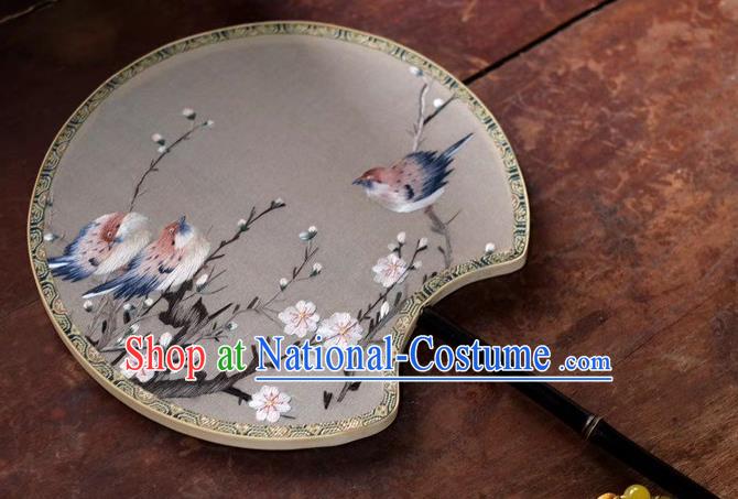 China Suzhou Embroidery Plum Birds Double Side Fan Ancient Black Bamboo Fan Palace Fan Classical Dance Silk Fans