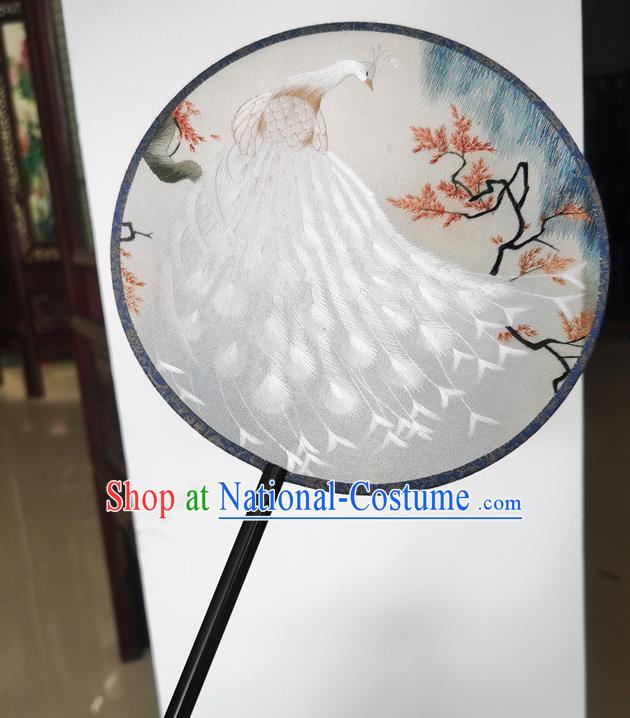 China Ancient Palace Fan Wedding Fan Classical Dance Double Side Silk Fans Suzhou Embroidery White Peacock Fan