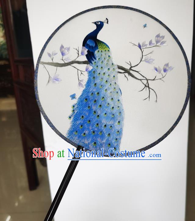 China Ancient Palace Fan Classical Dance Double Side Silk Fans Wedding Fan Suzhou Embroidery Blue Peacock Fan