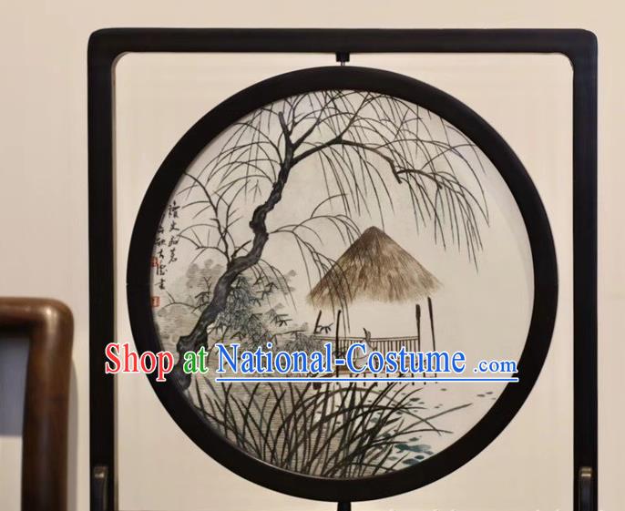 China Traditional Handmade Table Ornament Embroidery Craft Suzhou Embroidered Village Scene Rosewood Desk Screen