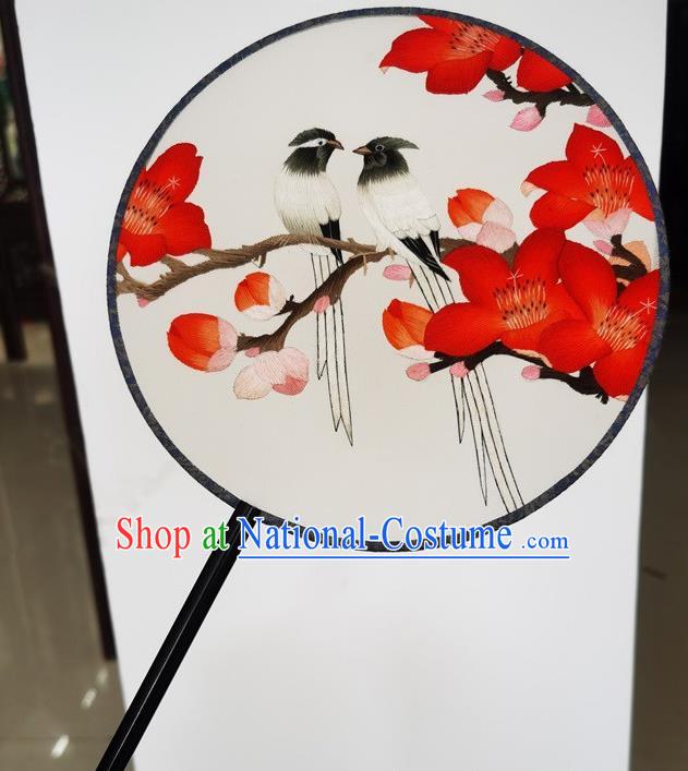 China Wedding Fan Suzhou Embroidery Red Mangnolia Silk Fan Ancient Palace Fan Classical Dance Double Side Fans