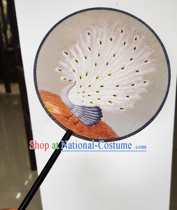 China Ancient Princess Palace Fan Suzhou Embroidery White Peacock Silk Fan Double Side Fans