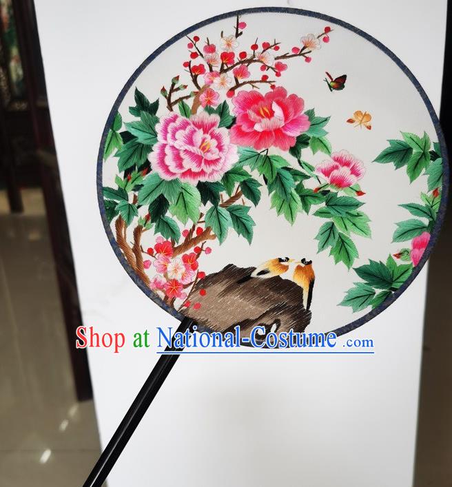 China Embroidery Peony Plum Silk Fan Ancient Princess Palace Fan Suzhou Double Side Fans