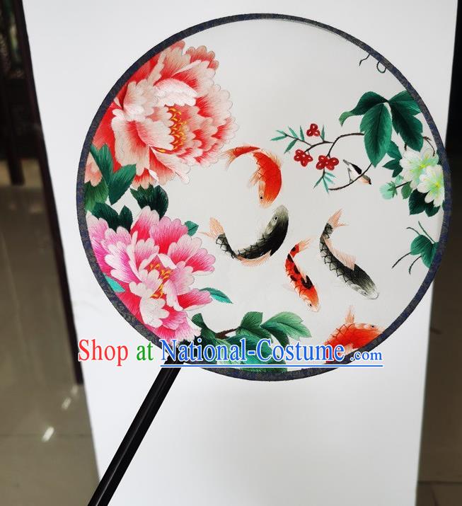 China Ancient Princess Palace Fan Handmade Round Fan Suzhou Embroidery Peony Fishes Silk Fan Double Side Fans