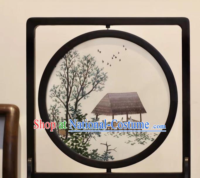 China Traditional Handmade Table Ornament Suzhou Embroidered Village Scene Desk Screen Embroidery Rosewood Craft