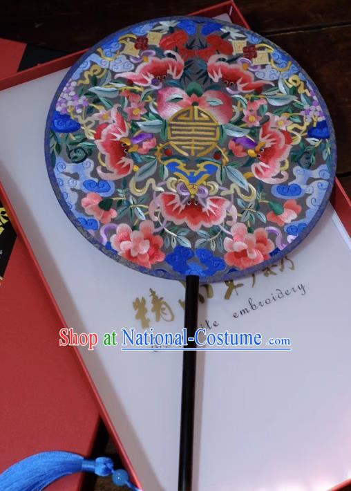 China Double Side Fans Ancient Palace Fan Suzhou Embroidery Bats Silk Fan Handmade Round Fan Qing Dynasty Court Lady Fans