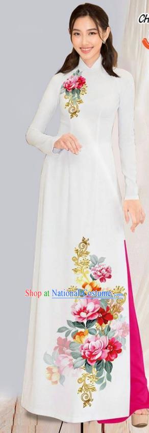 Asian Vietnam Traditional Costumes Vietnamese Classical Aodai Qipao Dress Printing Flowers White Cheongsam and Pants for Women