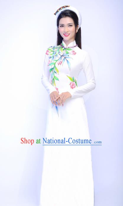 Asian Vietnam Printing Bamboo Flowers Ao Dai Qipao Traditional Vietnamese Cheongsam Costumes Classical White Dress and Pants for Women