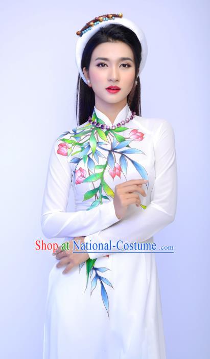 Asian Vietnam Printing Bamboo Flowers Ao Dai Qipao Traditional Vietnamese Cheongsam Costumes Classical White Dress and Pants for Women