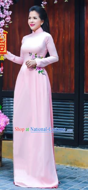 Asian Vietnam Printing Roses Ao Dai Qipao Traditional Vietnamese Cheongsam Costumes Classical Pink Dress and Pants for Women