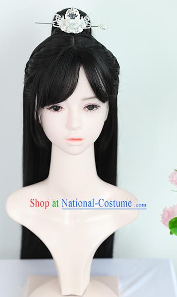 Chinese Jin Dynasty Female Knight Bangs Wigs Best Quality Wigs China Cosplay Wig Chignon Ancient Swordswoman Wig Sheath