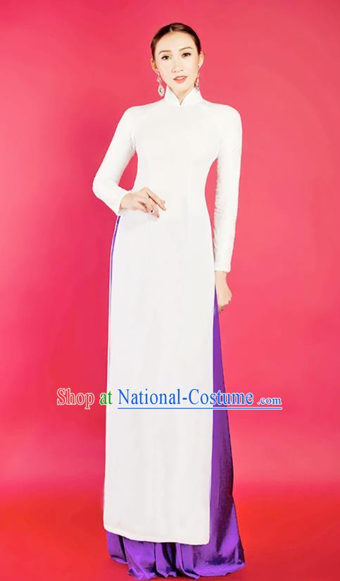 Asian Vietnam Ao Dai Qipao Traditional Vietnamese Cheongsam Costumes Classical White Dress and Purple Loose Pants for Women