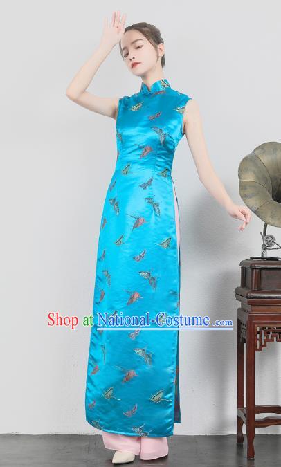 Asian Vietnam Classical Butterfly Pattern Ao Dai Qipao Traditional Vietnamese Cheongsam Costumes Blue Silk Dress and Loose Pants for Women