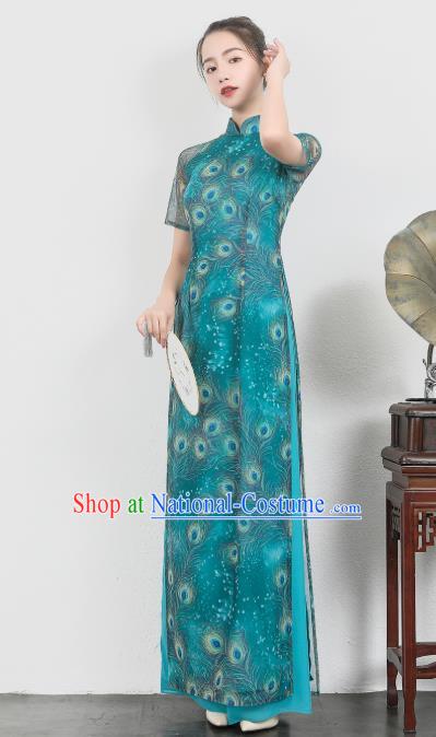 Asian Vietnam Classical Peacock Pattern Ao Dai Qipao Traditional Vietnamese Cheongsam Costumes Blue Dress and Loose Pants for Women