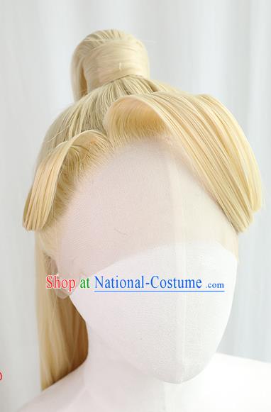 Best Chinese Cosplay God Golden Wig Sheath China Quality Front Lace Wigs Ancient Swordsman King Wig