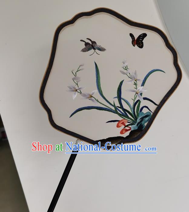 China Embroidery Orchids Silk Fan Ancient Court Lady Fans Double Side Fan Handmade Palace Fan