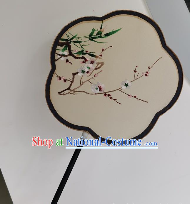 China Ancient Court Lady Fans Traditional Handmade Embroidered Palace Fan Double Side Fan Embroidery Plum Bamboo Silk Fan