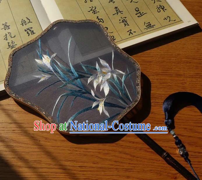 China Ancient Court Lady Palm Leaf Fans Traditional Handmade Embroidered Palace Fan Double Side Fan Embroidery Orchids Black Silk Fan