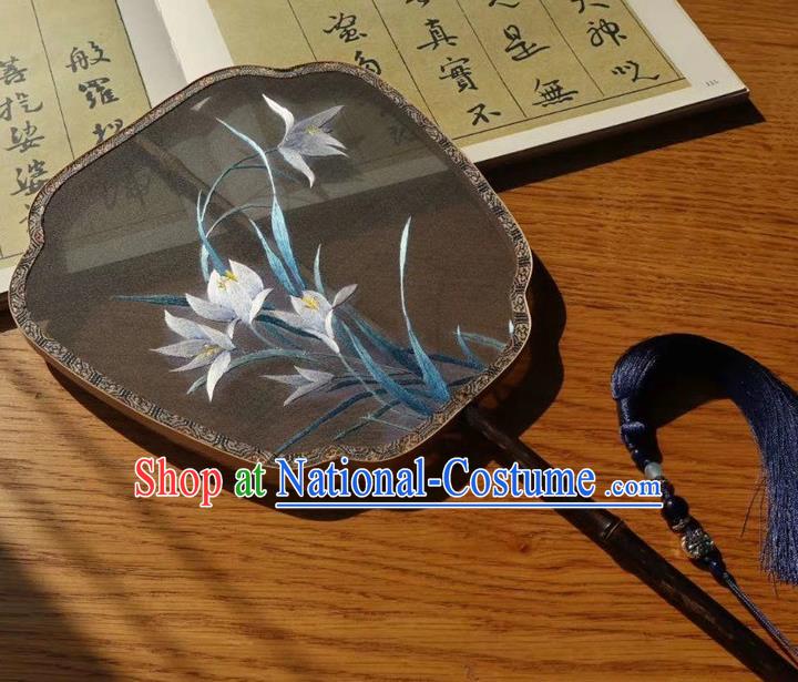 China Traditional Handmade Embroidered Palace Fan Double Side Fan Embroidery Orchids Black Silk Fan Ancient Court Lady Fans