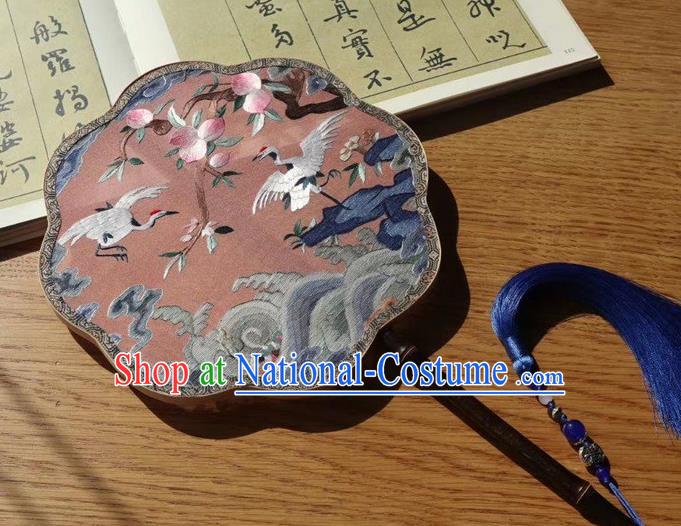 China Embroidery Peach Cranes Pink Silk Fan Traditional Handmade Embroidered Palace Fan Ancient Court Lady Fans Double Side Fan