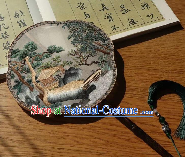 China Ancient Court Lady Fans Handmade Traditional Embroidered Ginger Silk Palace Fan Embroidery Pine Double Side Fan