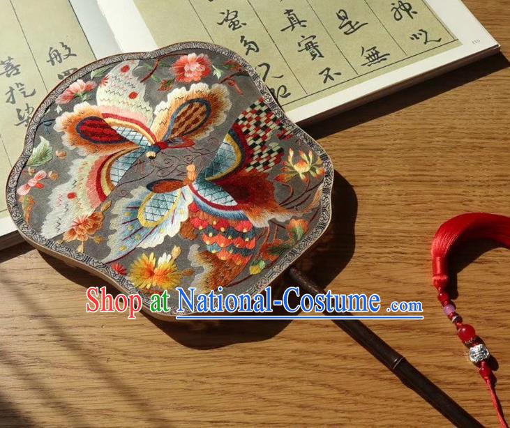 China Handmade Traditional Embroidered Palace Fan Embroidery Butterfly Double Side Fan Ancient Court Lady Grey Silk Fans