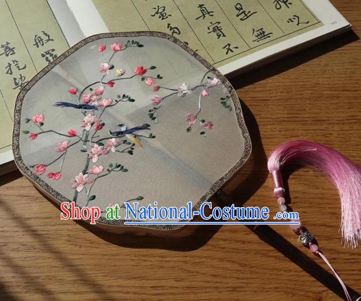 China Handmade Embroidery Flowers Birds Double Side Silk Fan Traditional Embroidered Palace Fan