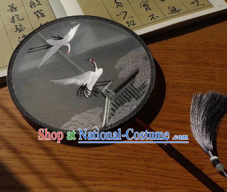 China Handmade Embroidery Cloud Cranes Double Side Silk Fan Traditional Embroidered Palace Fan Round Fans