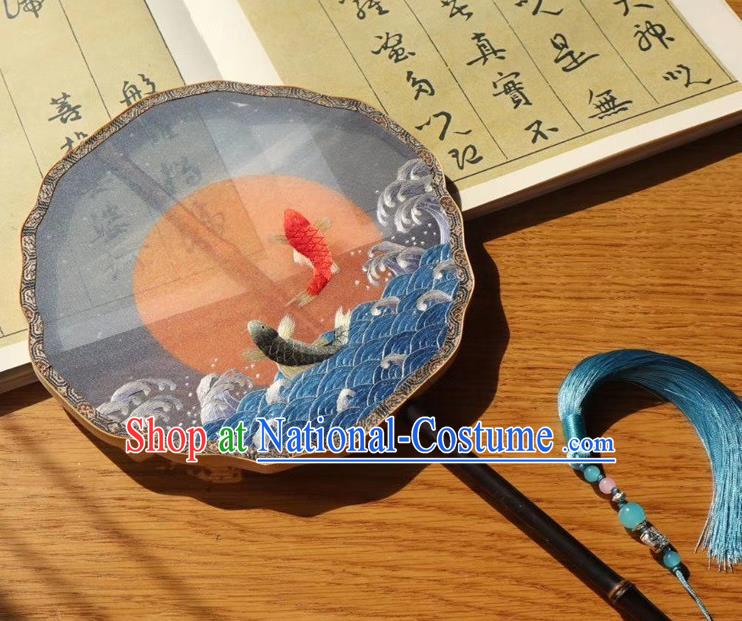 China Traditional Embroidered Palace Fan Handmade Embroidery Wave Carps Double Side Silk Fan Princess Fan