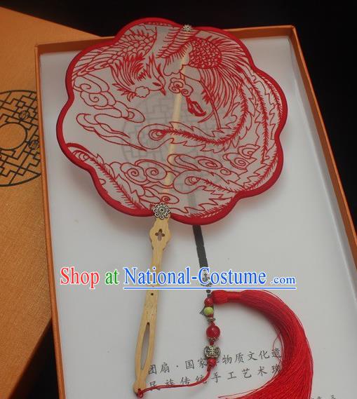 China Traditional Embroidered Palace Fan Handmade Princess Embroidery Silk Fans Classical Red Phoenix Pattern Double Side Fan