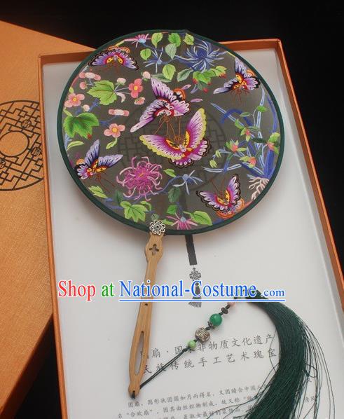 China Handmade Princess Double Side Embroidery Silk Fan Traditional Embroidered Palace Fan Classical Chrysanthemum Butterfly Pattern Round Fan