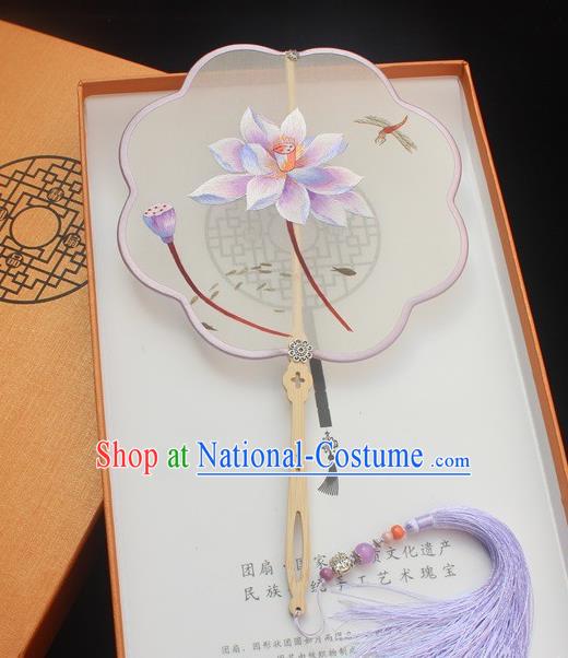 China Classical Embroidery Lilac Lotus Pattern Silk Fan Traditional Embroidered Palace Fan Ancient Handmade Princess Double Side Fan