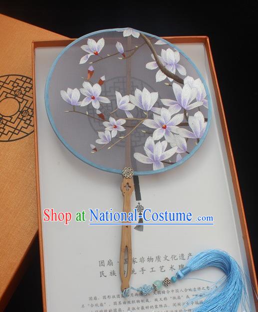 China Classical Embroidery Mangnolia Pattern Palace Fan Traditional Embroidered Silk Fan Handmade Double Side Fan