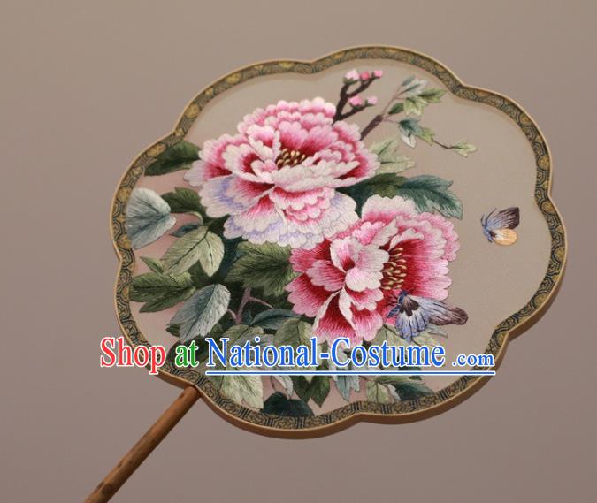 China Embroidery Peony Palace Fan Classical Silk Fan Handmade Double Side Embroidered Fan Traditional Court Fan