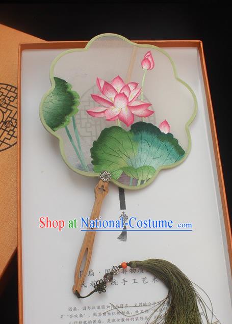 China Traditional White Silk Fan Classical Handmade Double Side Embroidered Fan Embroidery Lotus Pattern Palace Fan