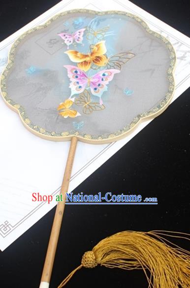 China Handmade Double Side Embroidered Fan Traditional Court Fan Classical Silk Fan Embroidery Butterfly Palace Fan