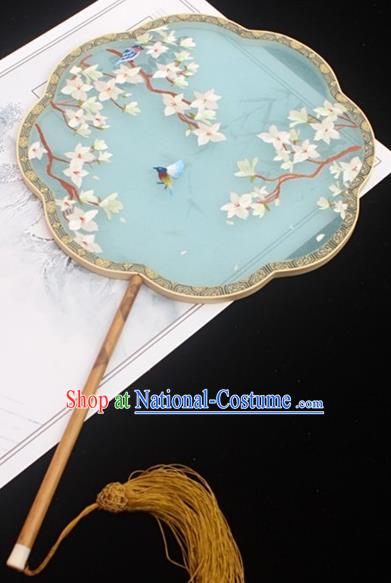 China Traditional Court Fans Embroidery Palace Fan Classical Blue Silk Fan Handmade Double Side Embroidered Fan