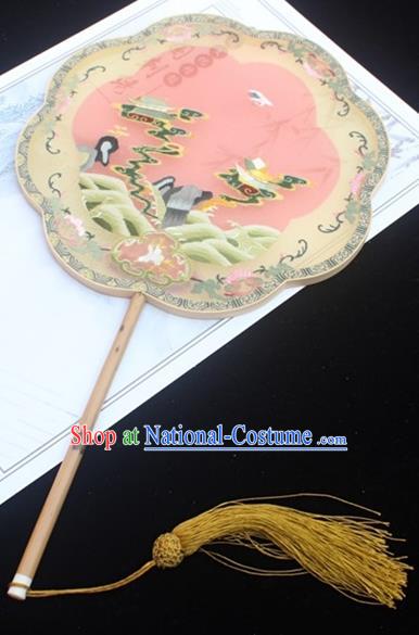 China Classical Pink Silk Fan Embroidery Palace Fan Handmade Double Side Embroidered Fan Traditional Court Princess Fans