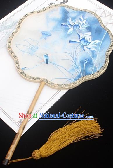 China Traditional Court Princess Fans Classical Silk Fan Handmade Double Side Embroidered Fan Embroidery Blue Lotus Palace Fan