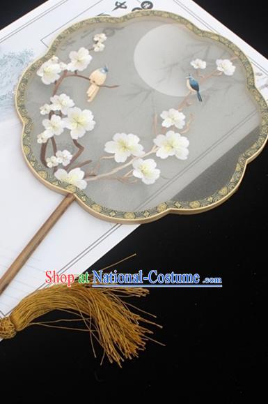 China Embroidery Plum Blossom Palace Fan Handmade Double Side Embroidered Fan Classical Dance Fan Traditional Court Grey Silk Fans