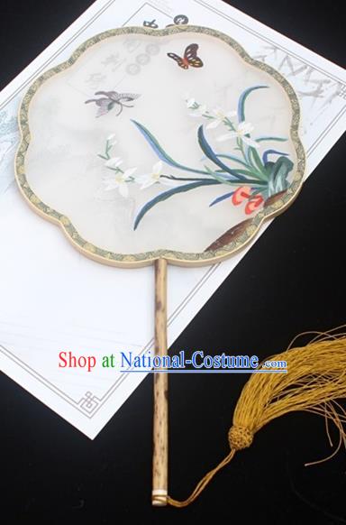 China Double Side Embroidered Fan Handmade Classical Dance White Silk Fan Embroidery Orchid Palace Fan