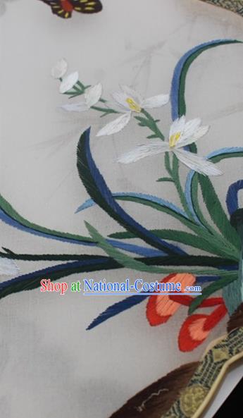 China Double Side Embroidered Fan Handmade Classical Dance White Silk Fan Embroidery Orchid Palace Fan