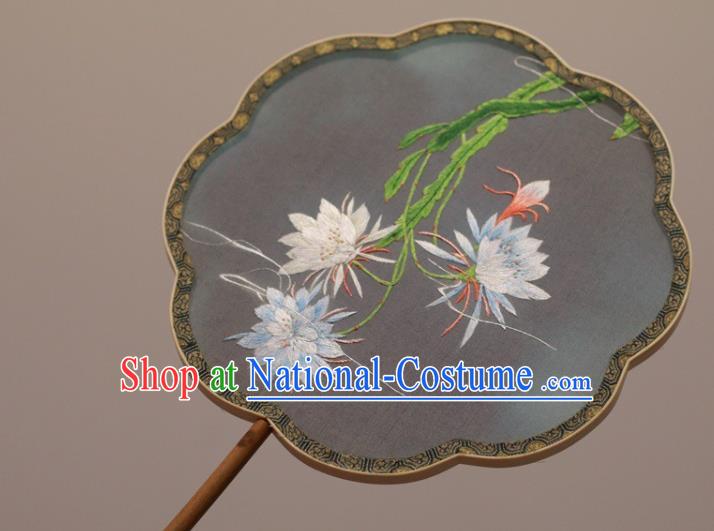 China Classical Dance Black Silk Fan Handmade Double Side Embroidered Fan Embroidery Epiphyllum Palace Fan