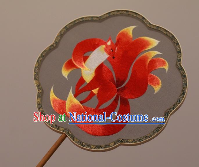 China Handmade Double Side Embroidered Fan Classical Dance Embroidery Red Fox Palace Fan Silk Fan